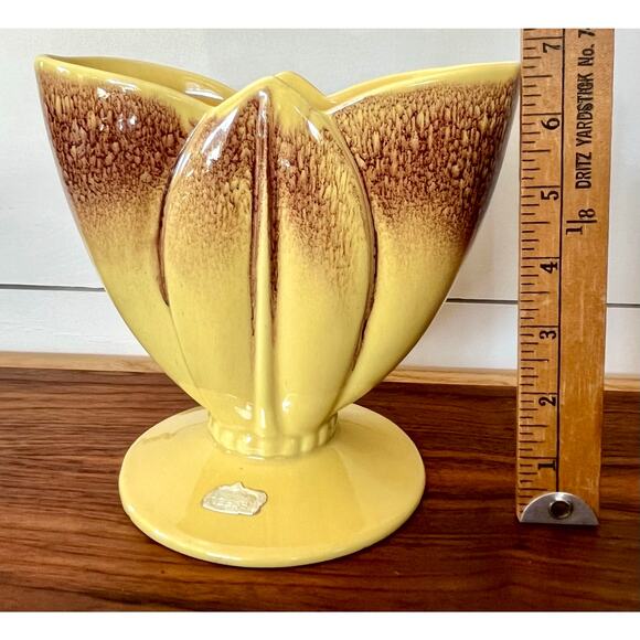 Royal Haeger Glazed Ceramic Yellow Brown Tulip Vase Ceramic Blended Beaded Base - Picture 7 of 13